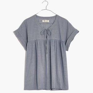 Madewell Tie-Front Popover Top in Mini Gingham Check Blue Size XL